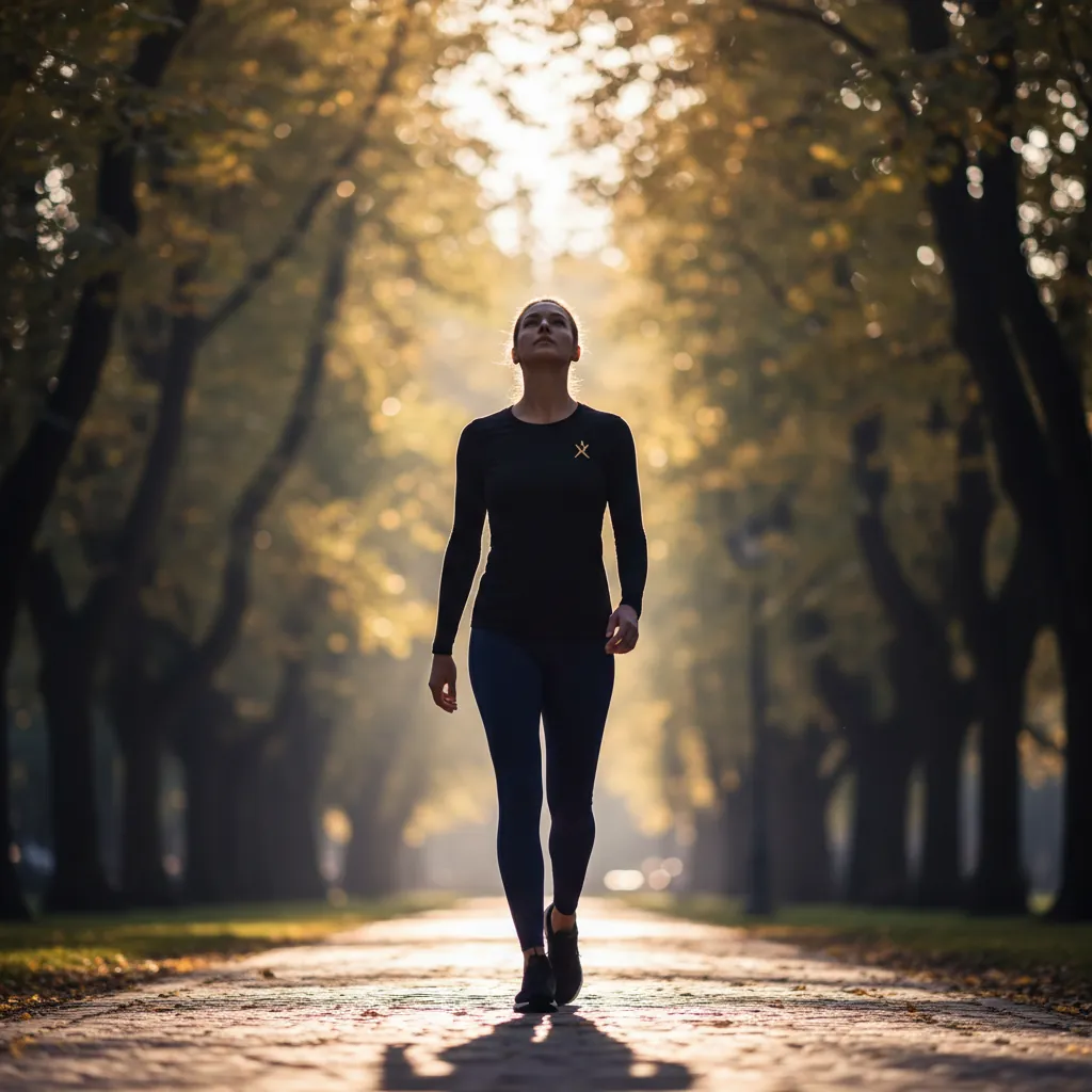Person walking in a bright park, active morning lifestyle